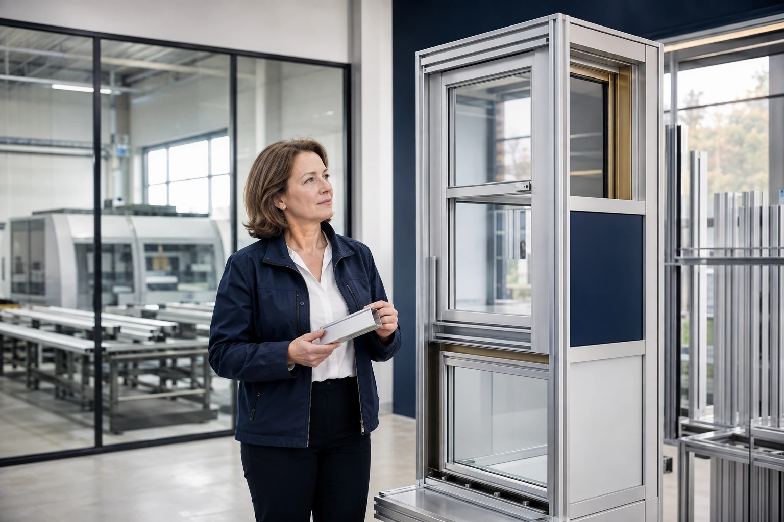 Inhaberin eines Aluminiumdesignbetriebs mit Profil und großformatigem Systemmuster